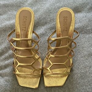 Schutz Julianna Weekend Leather Sandal, Gold Size 6